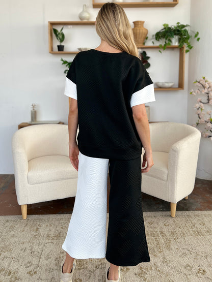 Double Take Full Size Texture Contrast T-Shirt and Wide Leg Pants Set Trendsi