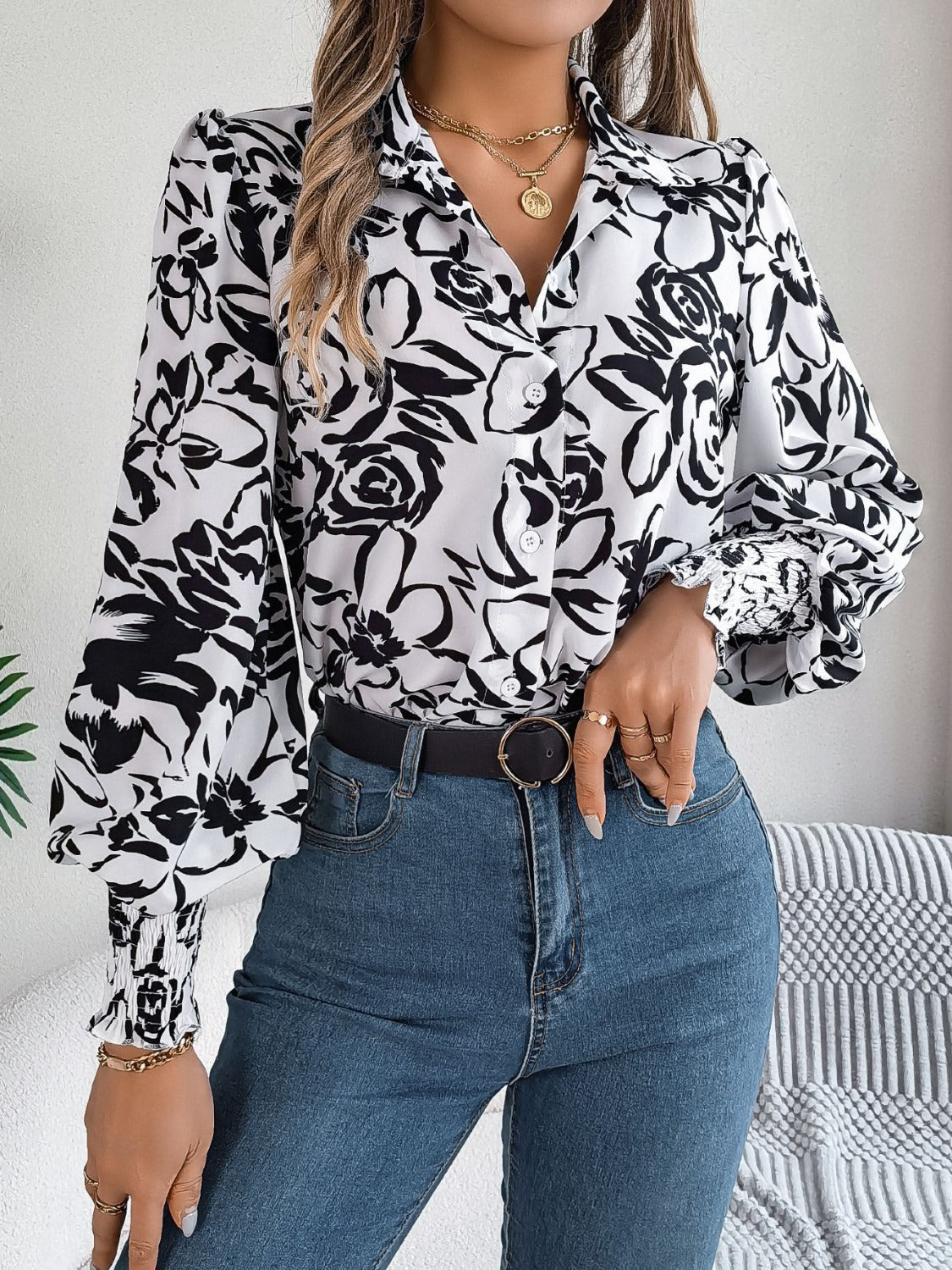 Printed Collared Neck Lantern Sleeve Shirt Trendsi