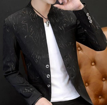 Mens Slim Round Stand Collar Pattern Blazer Yellow Pandora