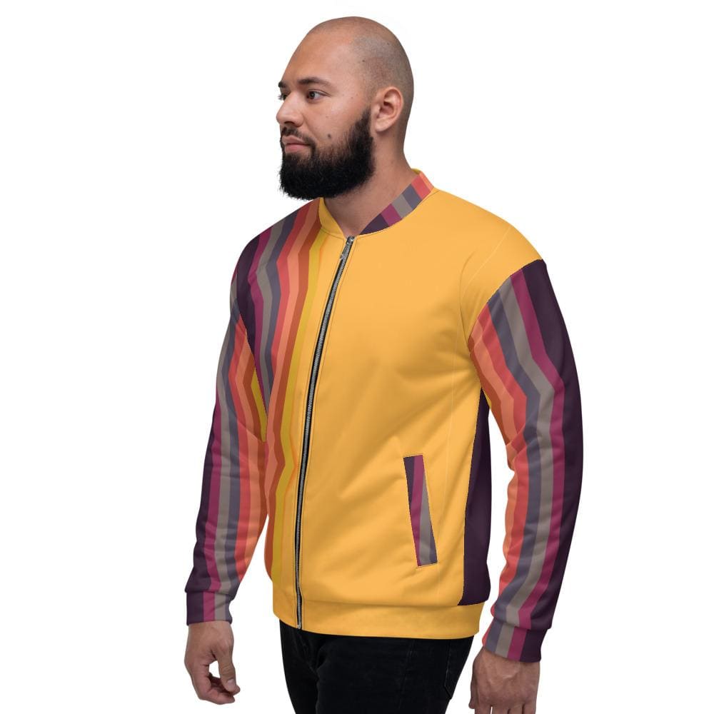 Bomber Jacket for Men, Orange and Black Retro Striped Pattern Grey Coco