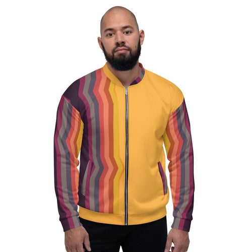 Bomber Jacket for Men, Orange and Black Retro Striped Pattern Grey Coco