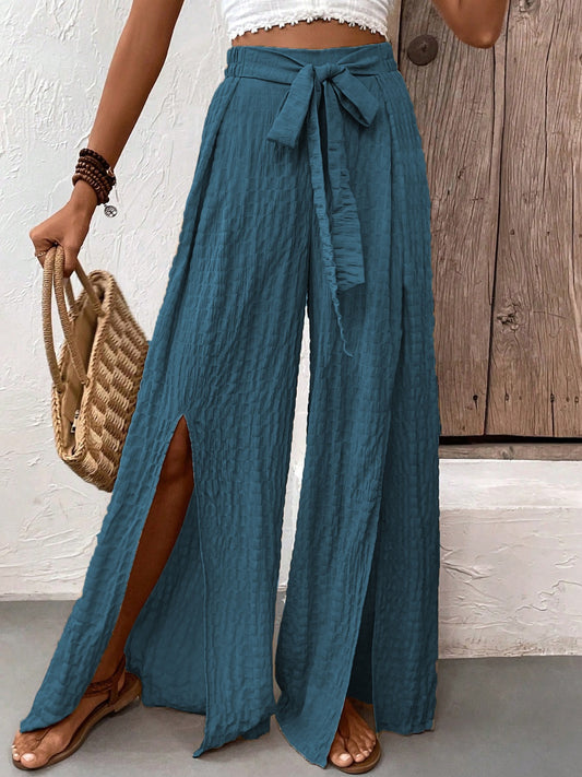 Honey Tied Slit Wide Leg Pants Trendsi