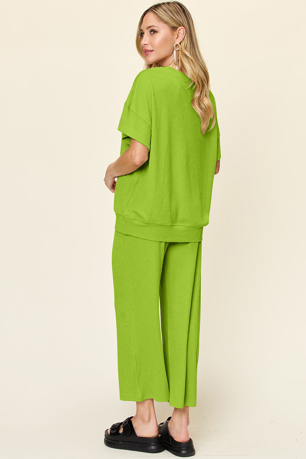 Double Take Full Size Texture Round Neck Short Sleeve T-Shirt and Wide Leg Pants Trendsi