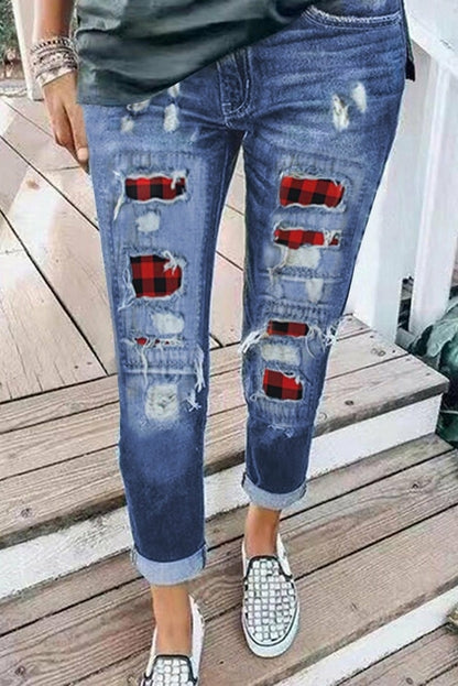 Fashion Blue Ripped Plaid Straight Legs Boyfriend Jeans Teal Demeter