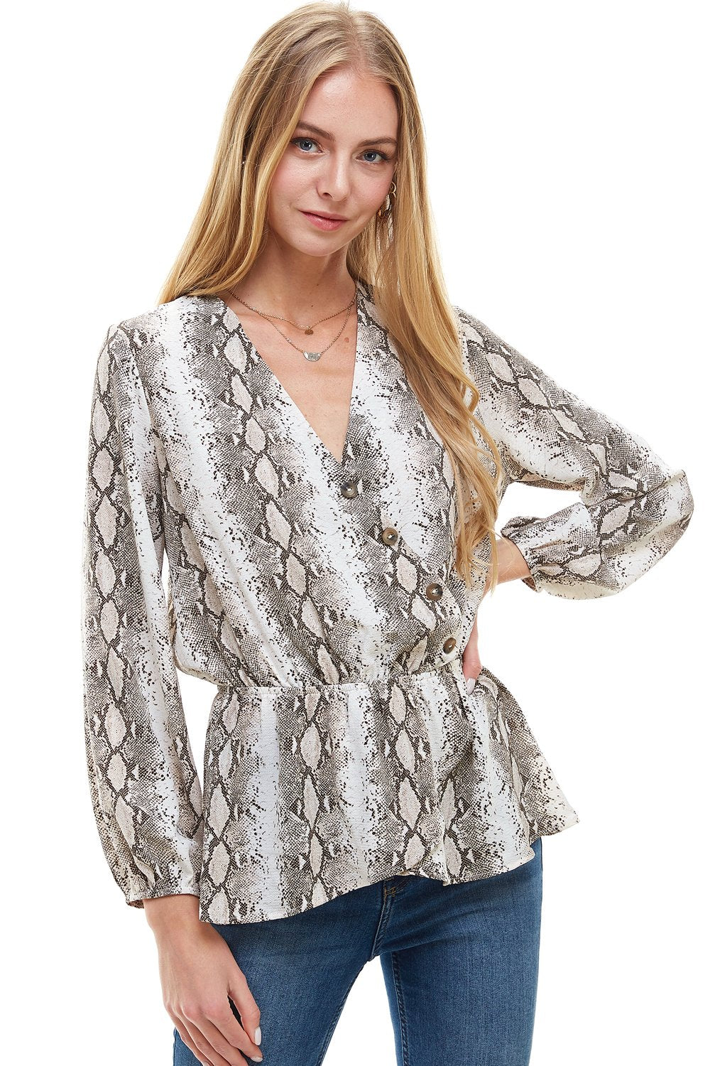 Snake V neck Button Front Peplum Long Sleeve Blouse Top Indigo Arrowwood