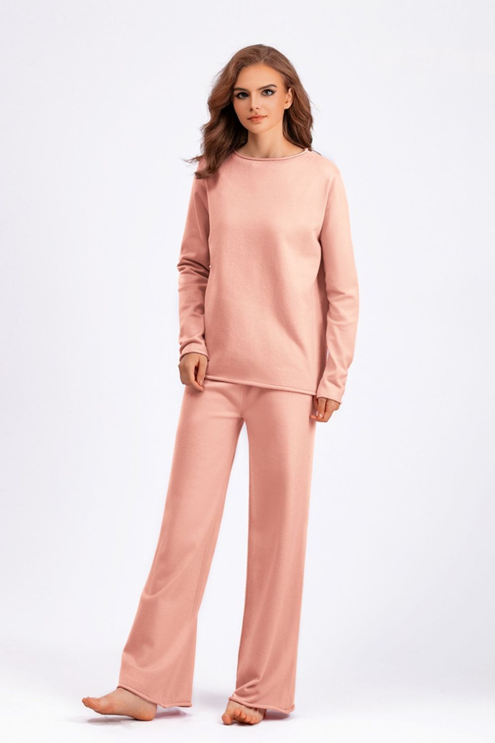 Basic Bae Rolled Round Neck Top and Pants Sweater Set Trendsi