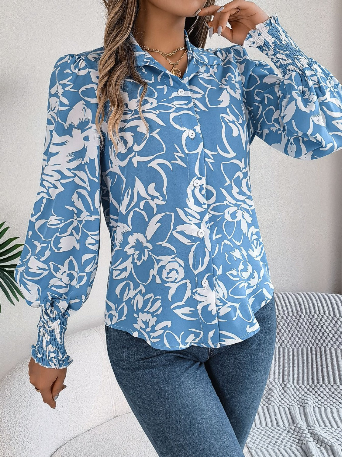 Printed Collared Neck Lantern Sleeve Shirt Trendsi