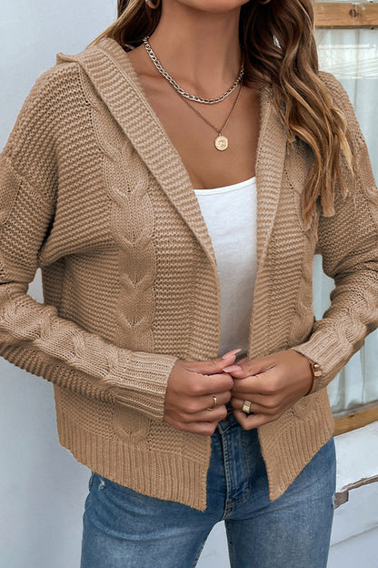 Cable-Knit Dropped Shoulder Hooded Cardigan in tan, open-front with cable-knit pattern, long sleeves, casual chic style.