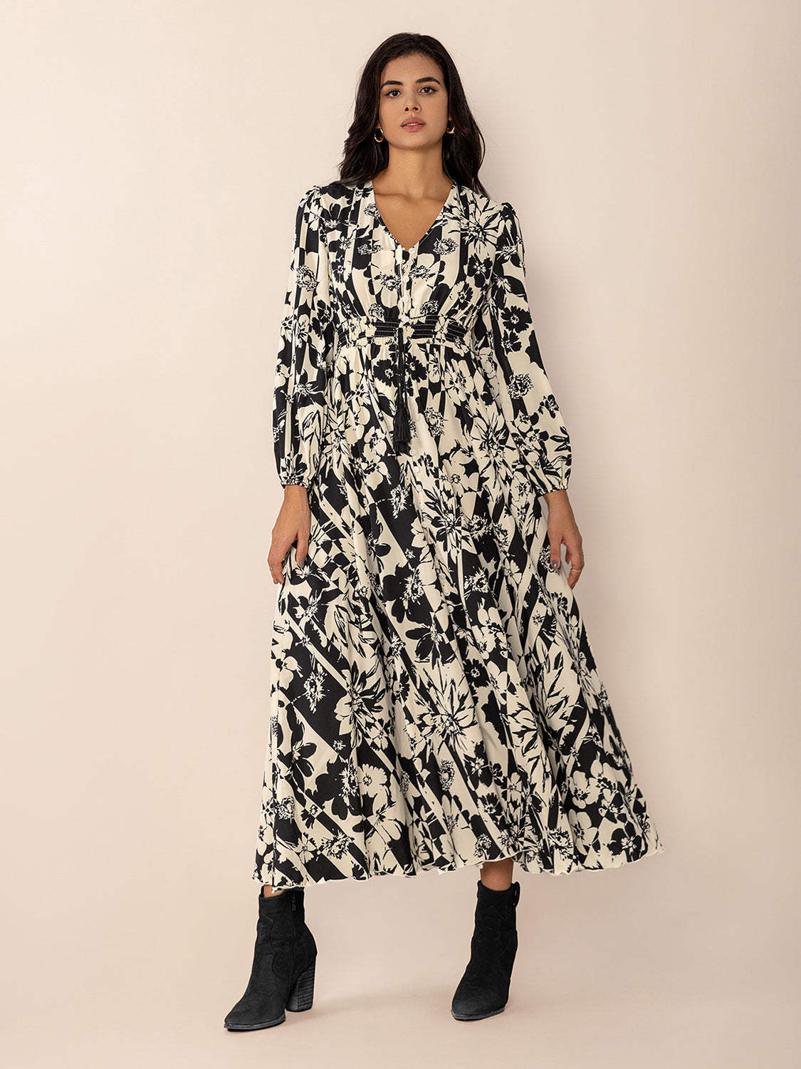 Tied Printed V-Neck Long Sleeve Midi Dress Trendsi