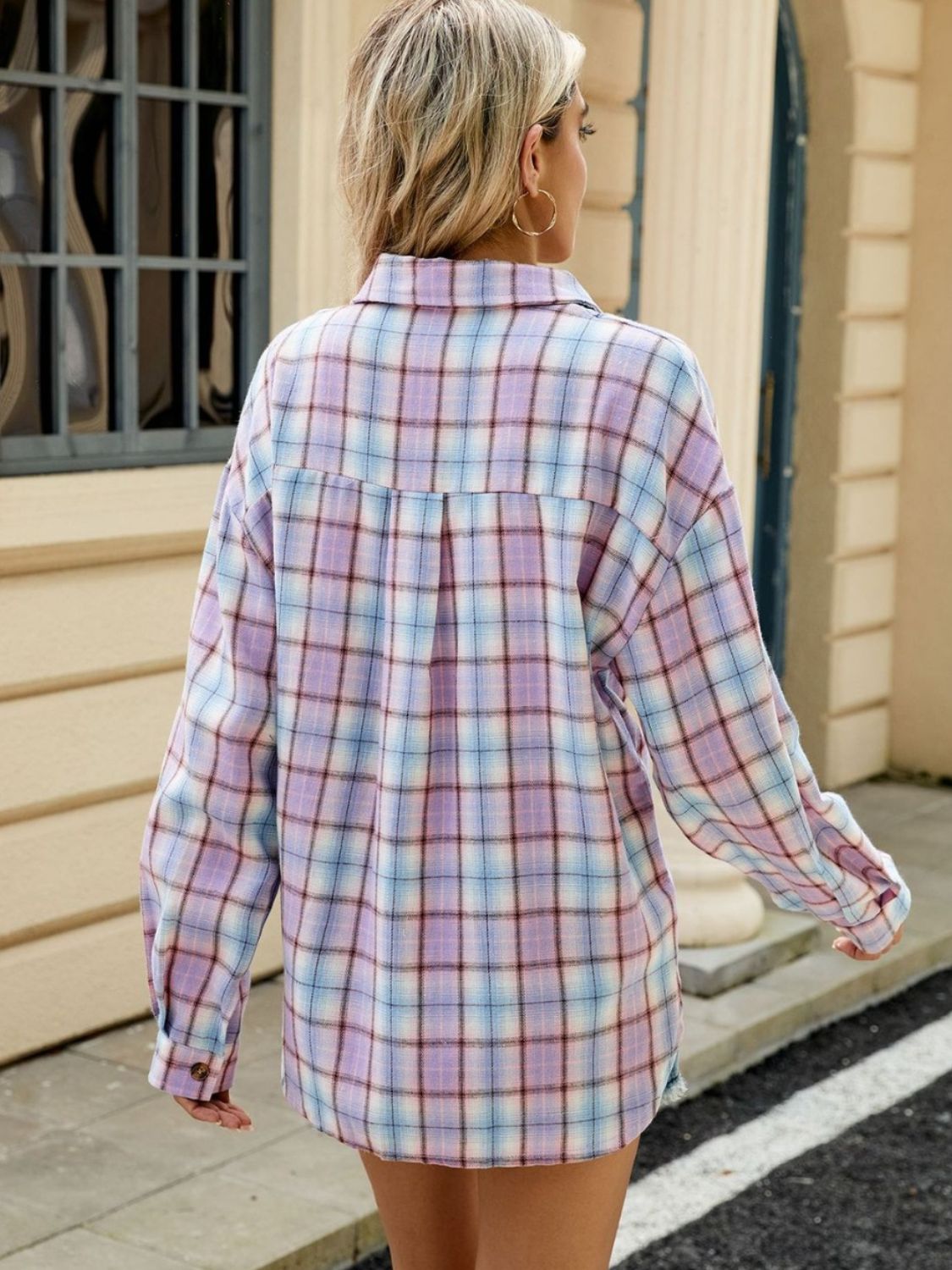 Plaid Collared Neck Long Sleeve Shirt Trendsi