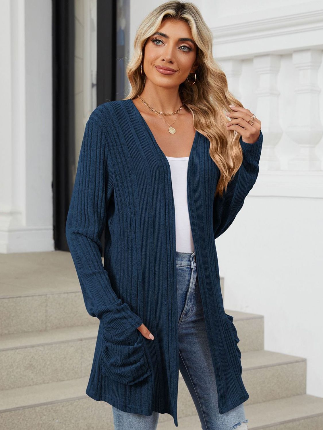 Pocketed Open Front Long Sleeve Cardigan Trendsi