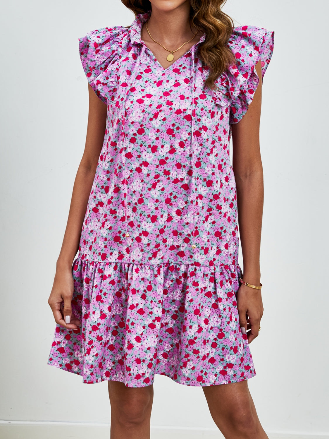 Tied Floral Cap Sleeve Mini Dress Trendsi