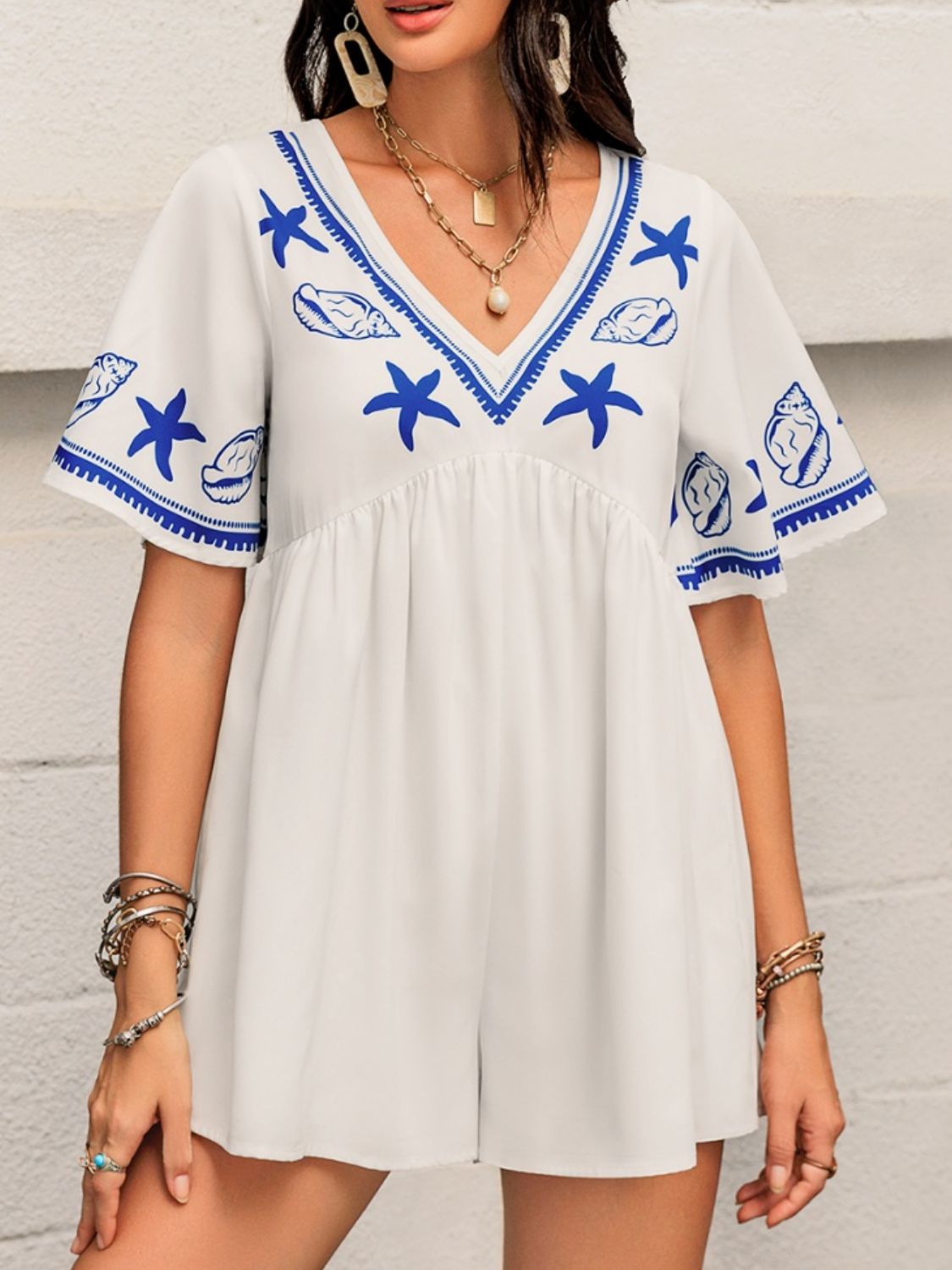 Printed V-Neck Half Sleeve Romper Trendsi