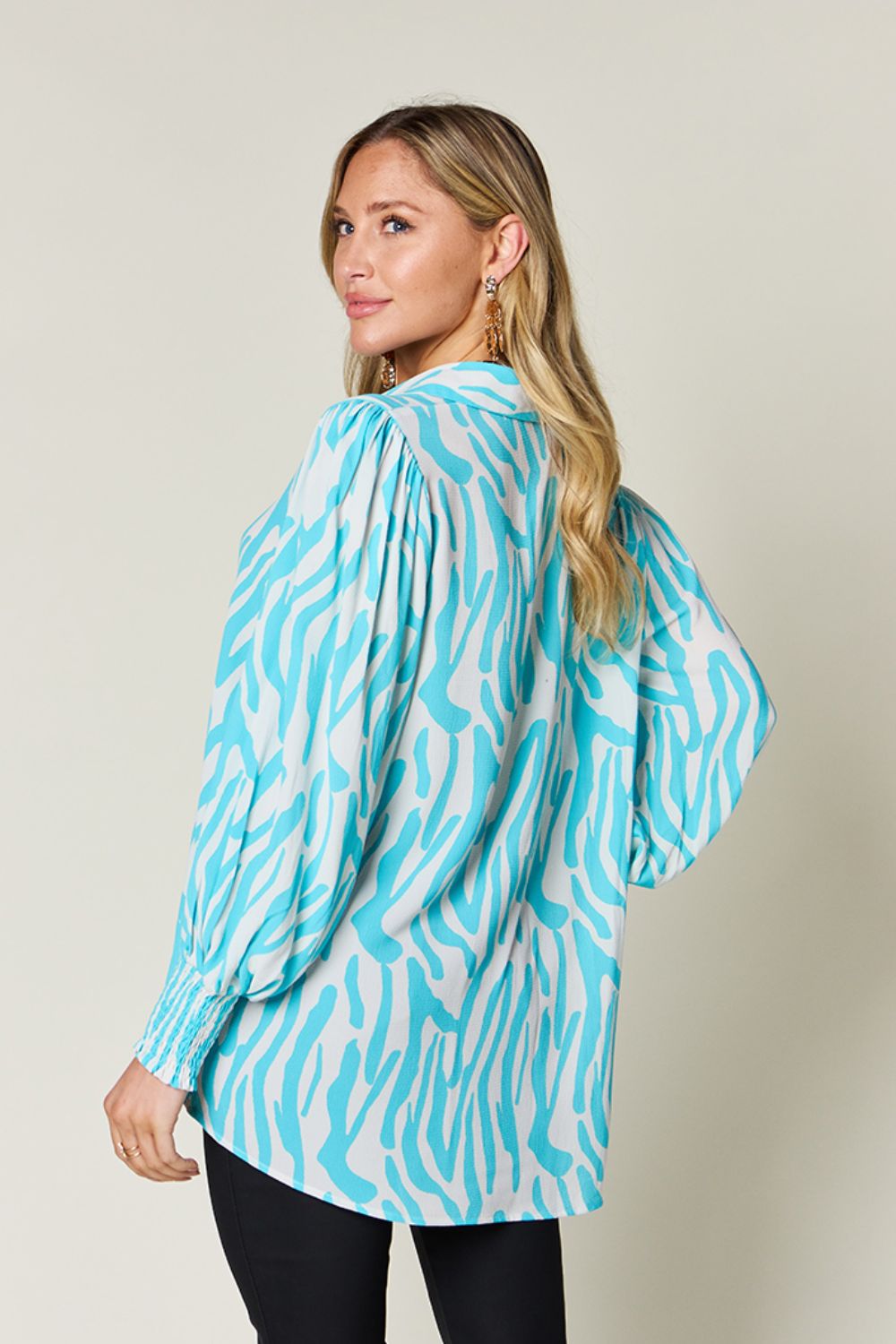 Double Take Full Size Printed Smocked Long Sleeve Blouse Trendsi