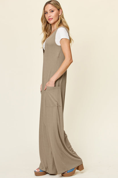 Double Take Full Size Sleeveless Wide Leg Jumpsuit with Pockets Trendsi