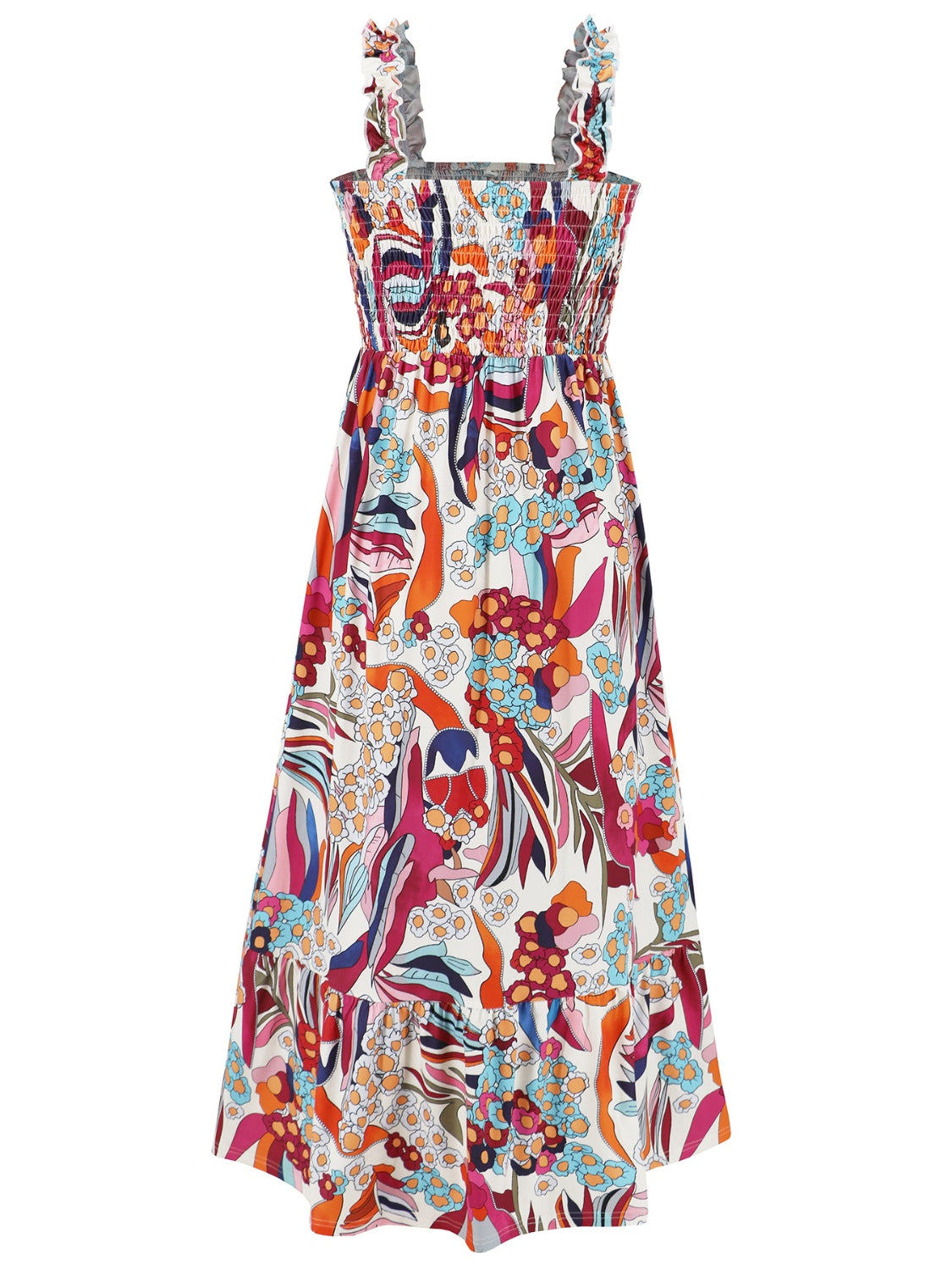 Smocked Printed Square Neck Sleeveless Dress Trendsi