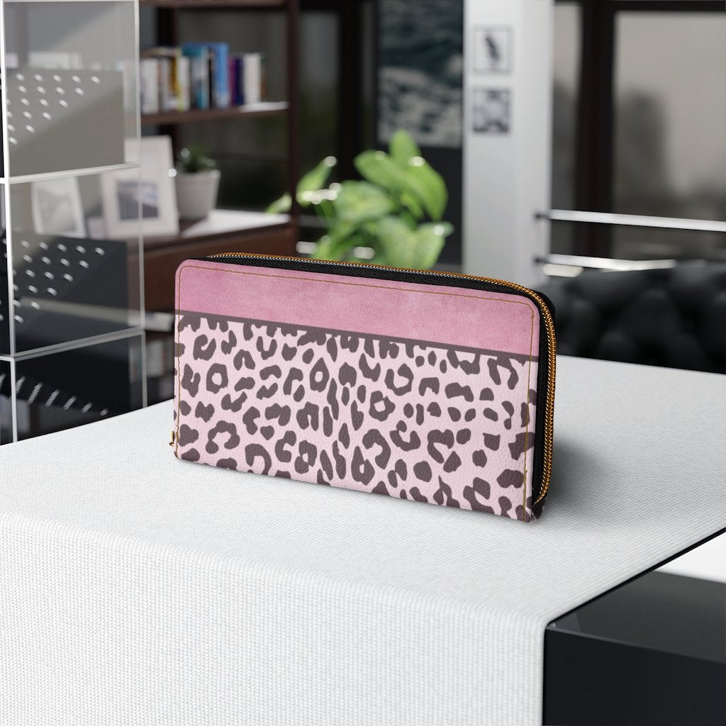 Womens Wallet, Zip Purse, Pink Leopard Grey Coco