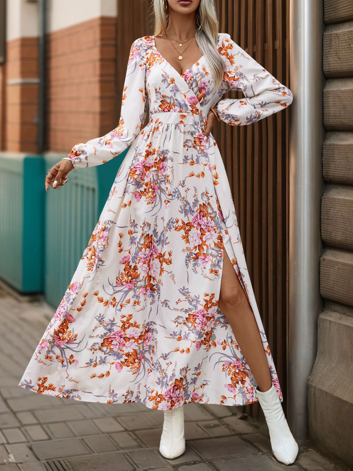 Perfee Slit Printed Surplice Long Sleeve Maxi Dress Trendsi