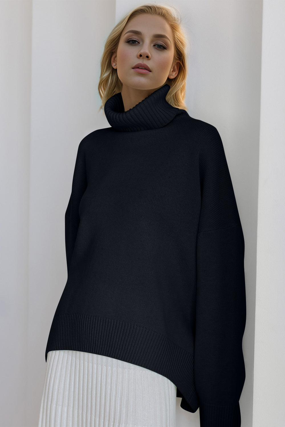 Basic Bae Turtleneck Dropped Shoulder Long Sleeve Sweater Trendsi