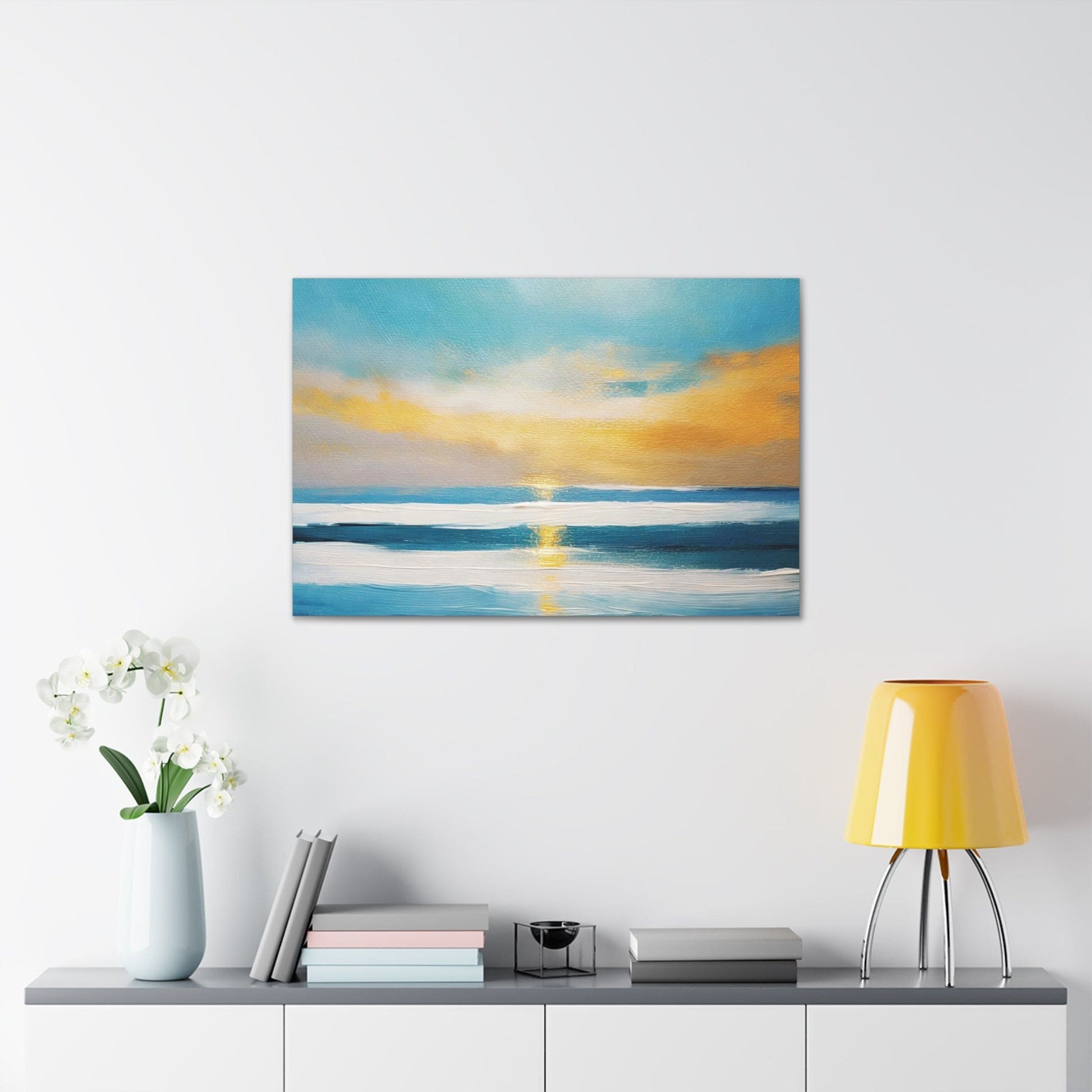 Canvas Wall Art Decor, Blue Ocean Golden Sunset Print Grey Coco