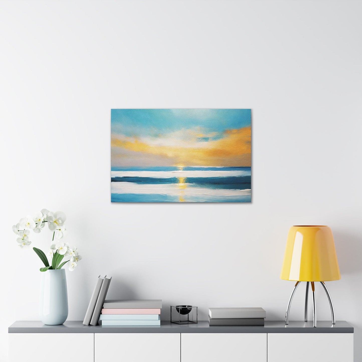 Canvas Wall Art Decor, Blue Ocean Golden Sunset Print Grey Coco