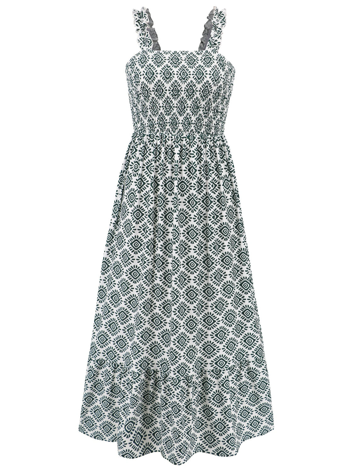 Smocked Printed Square Neck Sleeveless Dress Trendsi