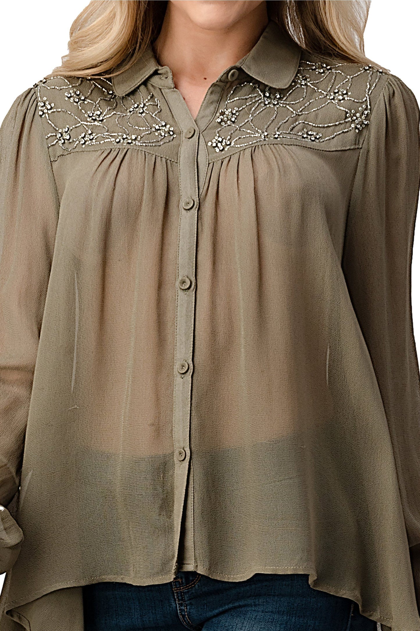 Embroidered Sheer Button-Up Blouse – Casual Elegance Indigo Arrowwood