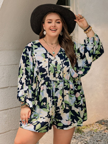 Plus Size Tied Printed Long Sleeve Romper Trendsi