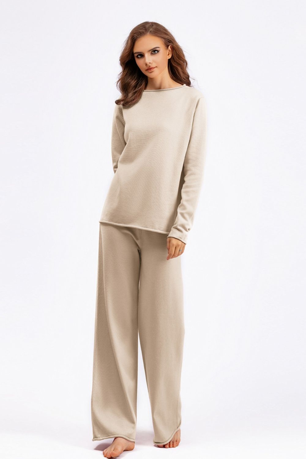 Basic Bae Rolled Round Neck Top and Pants Sweater Set Trendsi