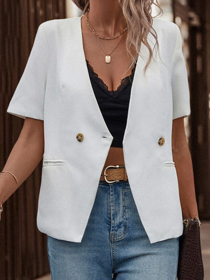 Shiny Two-Button Short Sleeve Pocket Blazer Trendsi