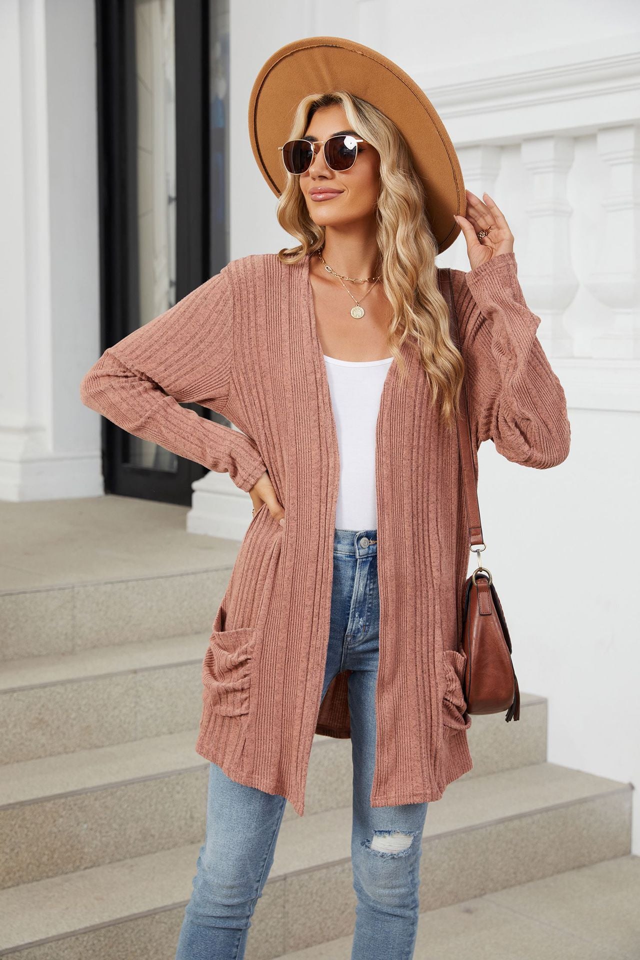 Pocketed Open Front Long Sleeve Cardigan Trendsi