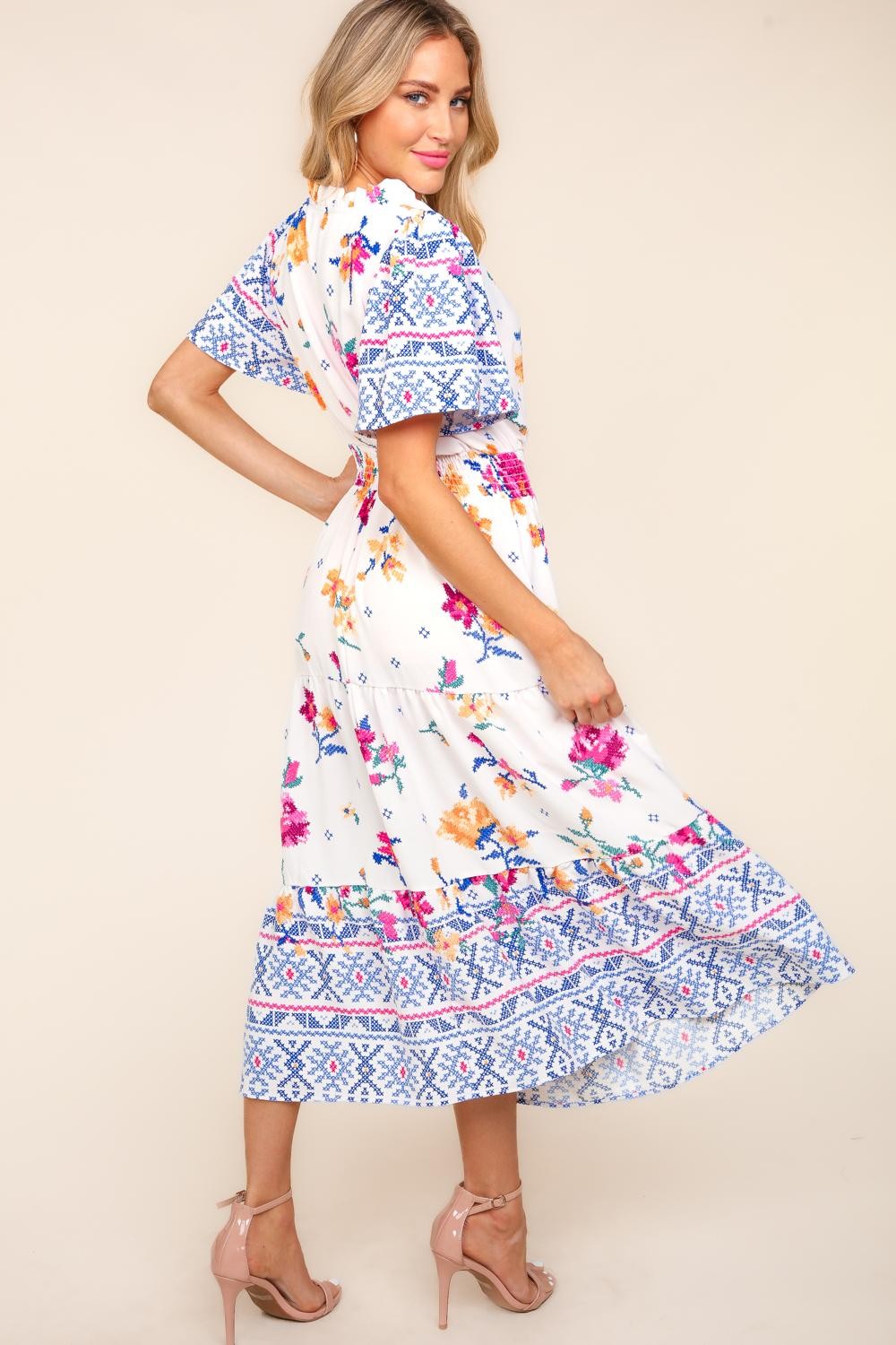 Haptics Printed Notched Short Sleeve Tiered Dress Trendsi