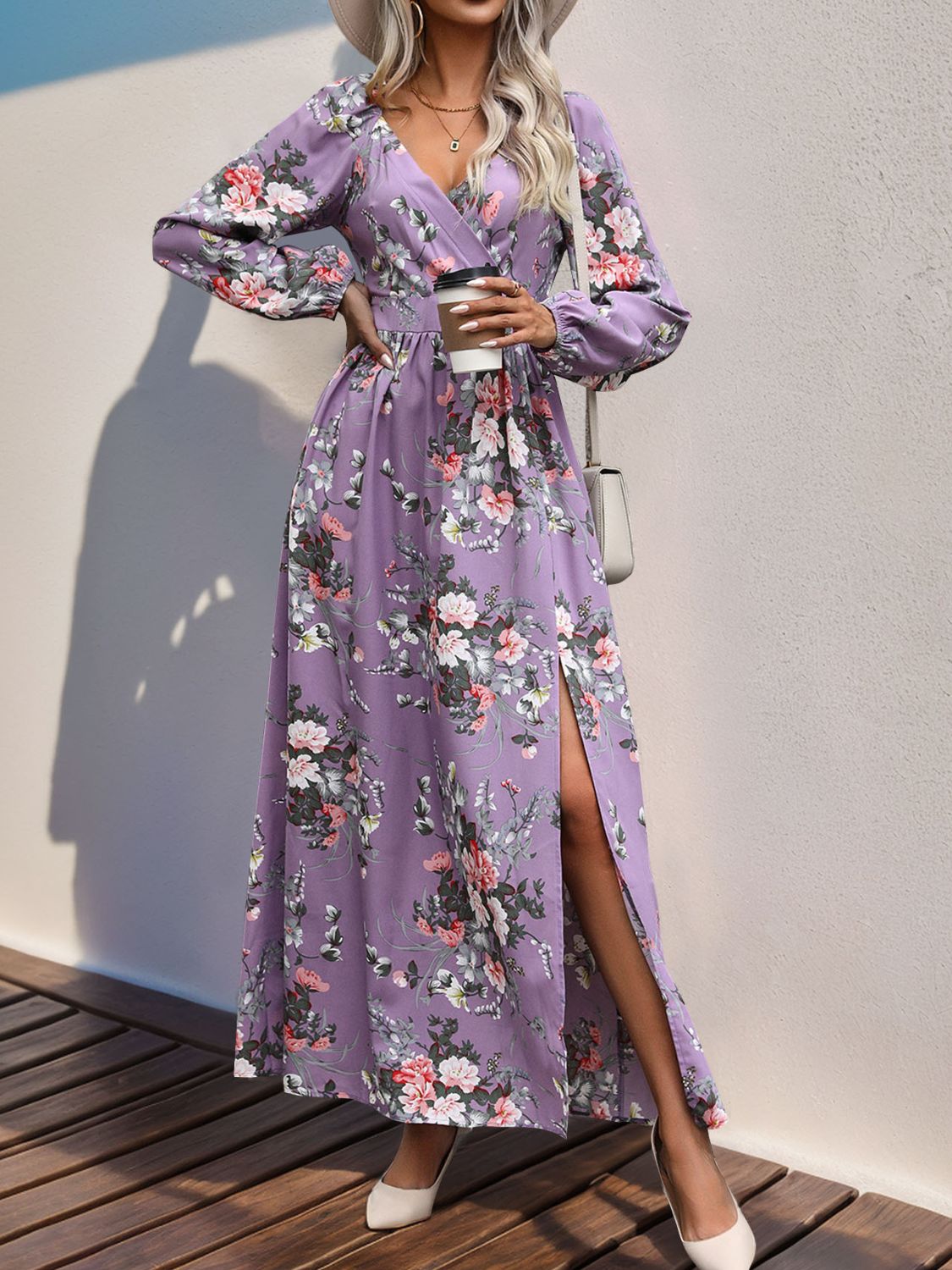 Perfee Slit Printed Surplice Long Sleeve Maxi Dress Trendsi