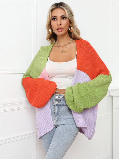 Angel Wings Color Block Open Front Balloon Sleeve Longline Cardigan Trendsi