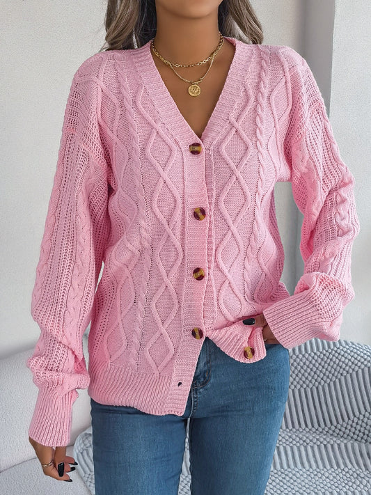 Cable-Knit Long Sleeve Cardigan Trendsi