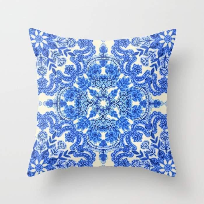 Cobalt Blue & China White Folk Art Pattern Cushion/Pillow Scorpius