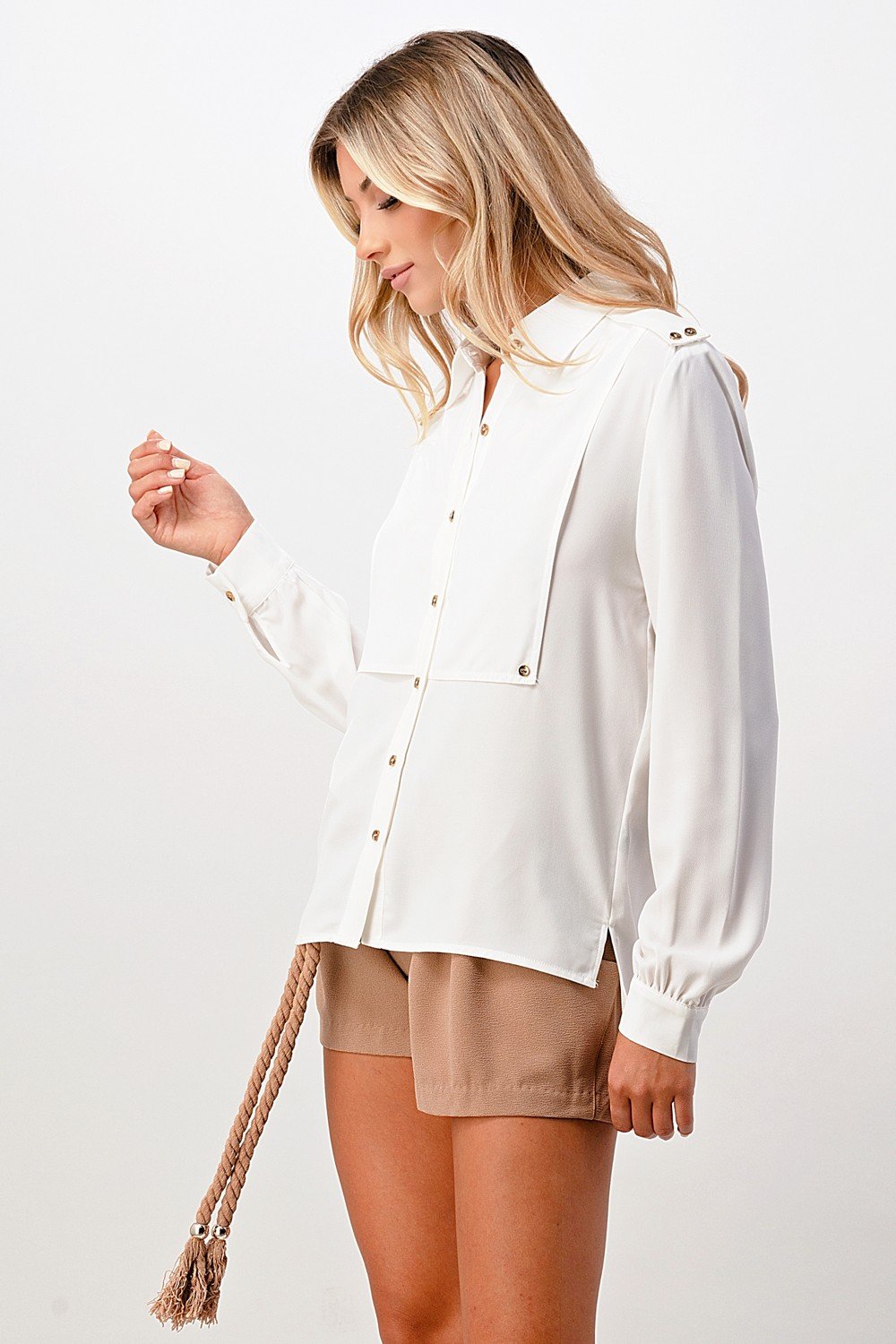 Long Sleeve Button-Down Blouse with Gold Button Accents Indigo Arrowwood