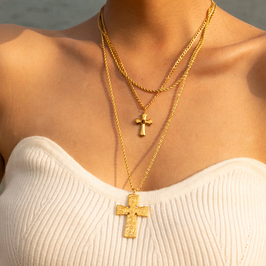 18K Gold-Plated Double Layered Cross Necklace Gold-Plated Stainless Steel Jewelry