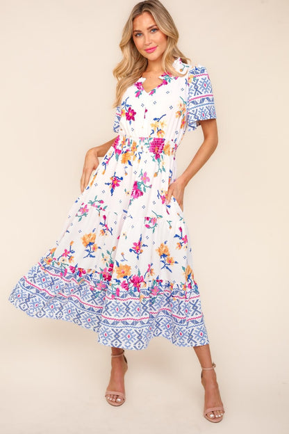 Haptics Printed Notched Short Sleeve Tiered Dress Trendsi