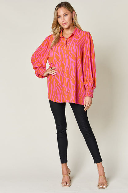 Double Take Full Size Printed Smocked Long Sleeve Blouse Trendsi