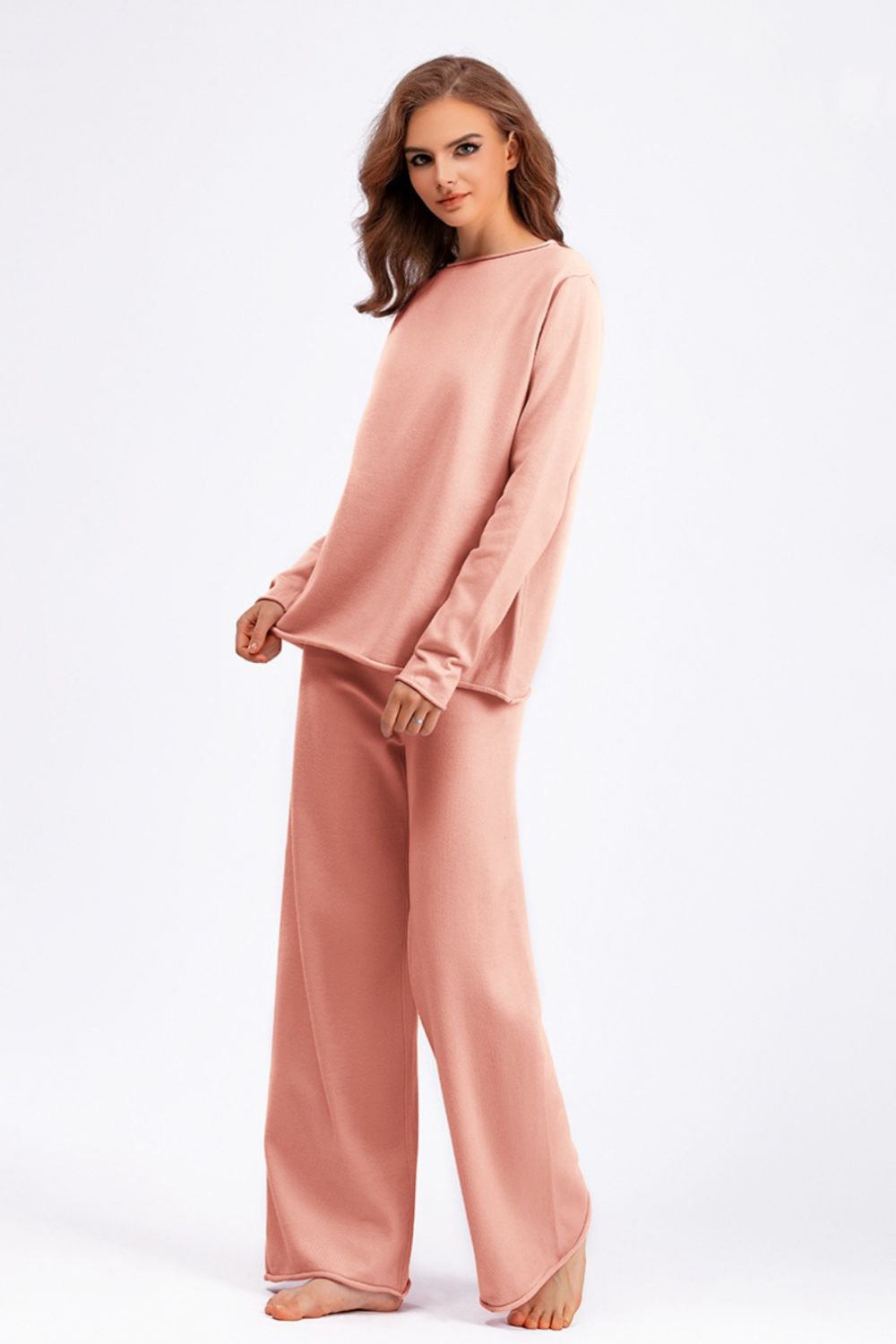 Basic Bae Rolled Round Neck Top and Pants Sweater Set Trendsi