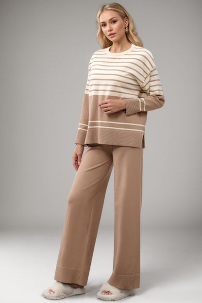 Basic Bae Striped Round Neck Long Sleeve Top and Pants Sweater Set Trendsi