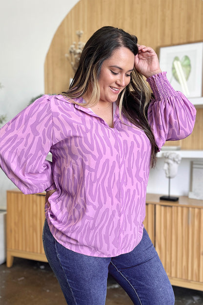 Double Take Full Size Printed Smocked Long Sleeve Blouse Trendsi