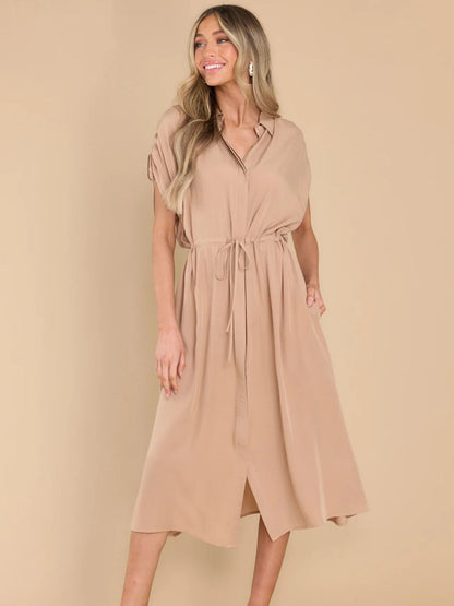 Drawstring Collared Neck Short Sleeve Midi Dress Trendsi