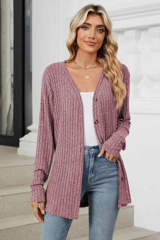 Ribbed Button Up Long Sleeve Cardigan Trendsi