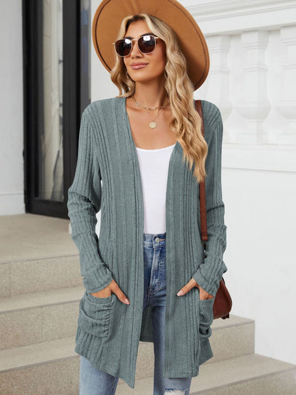 Pocketed Open Front Long Sleeve Cardigan Trendsi