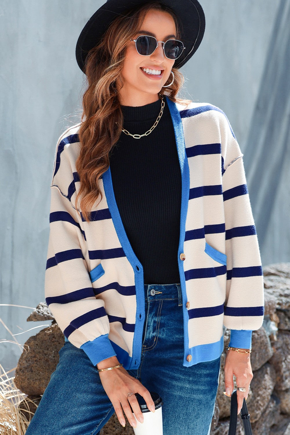 Striped Button Up Long Sleeve Cardigan Trendsi