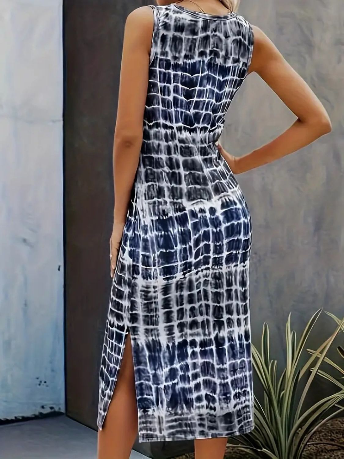 Slit Printed Round Neck Sleeveless Dress Trendsi