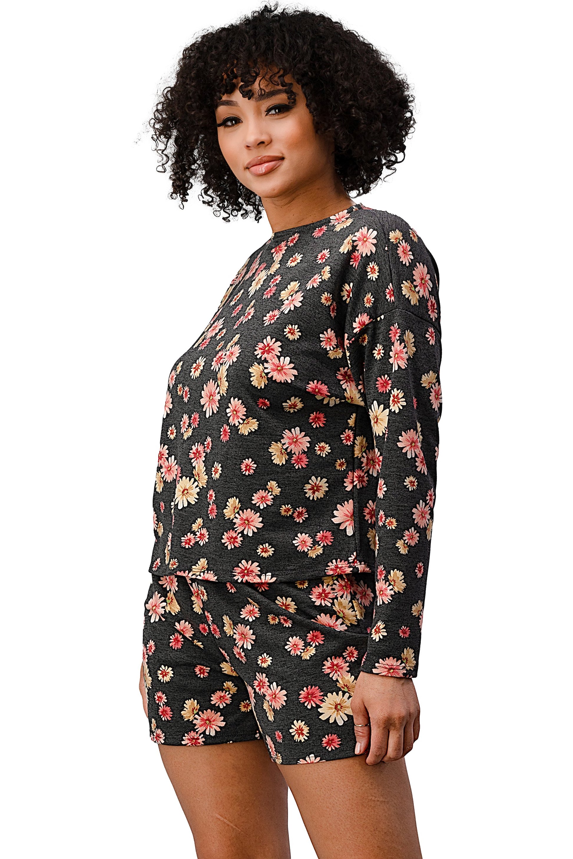 Floral Lounge Set - Comfy Long Sleeve Top and Shorts Indigo Arrowwood