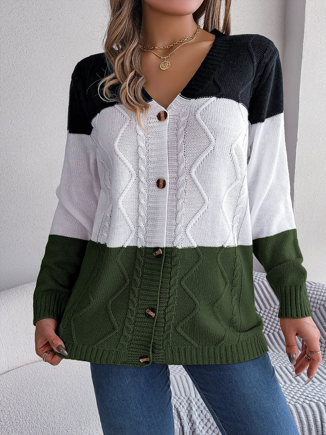 Cable-Knit Striped Button Up Cardigan Trendsi